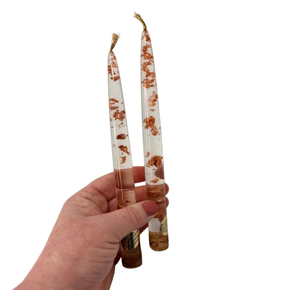 Beautiful Vintage Pair Lucite‎ Acrylic Gregorian Copper Flake Candles 12
